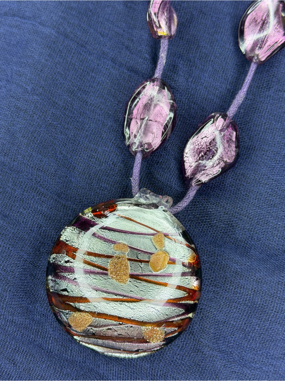 Dichroic Glass Pendant Necklace with Purple Beads